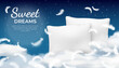 Realistic dream poster with soft pillow, cloud and feathers. Relax, rest and sleep concept with night sky. Cotton cushion vector advertising
