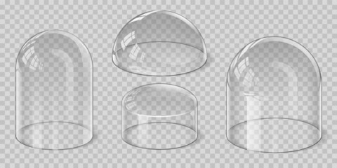 Realistic transparent glass dome spherical, hemisphere and bell shape. Protection shield and display stand cover. Glossy showcase vector set