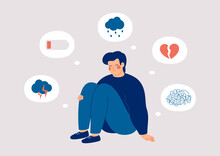 Sad Man Who Suffers From Mental Health Illness Is Sitting On The Floor. Boy Surrounded By Symptoms Of Depression Disorder: Anxiety, Crisis, Tears, Exhaustion, Loss,  Overworked, Tired. Vector