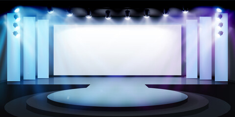 Wall Mural - Projection screen on the stage. Free space for advertising. Exhibition in art gallery. Vector illustration.