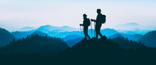 Blue Landscape Background Banner Panorama Illustration Vector Drawing - Breathtaking View With Black Silhouette Of Mountains, Hills, Forest. And Two Hikers ( Woman And Man Hiking )