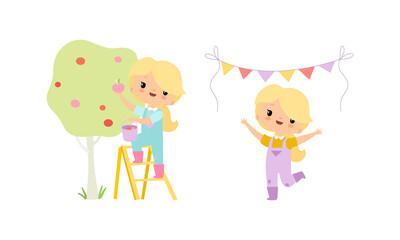 Poster - Little Blond Girl in Jumpsuit at Farm Cheering and Picking Ripe Apples from Tree Vector Set