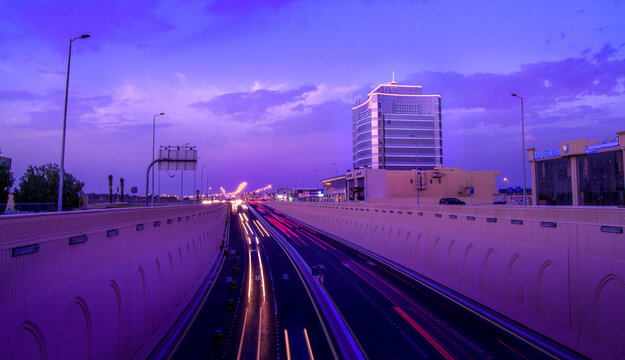 Dhahran road night view in Al Ahsa city, Saudi Arabia