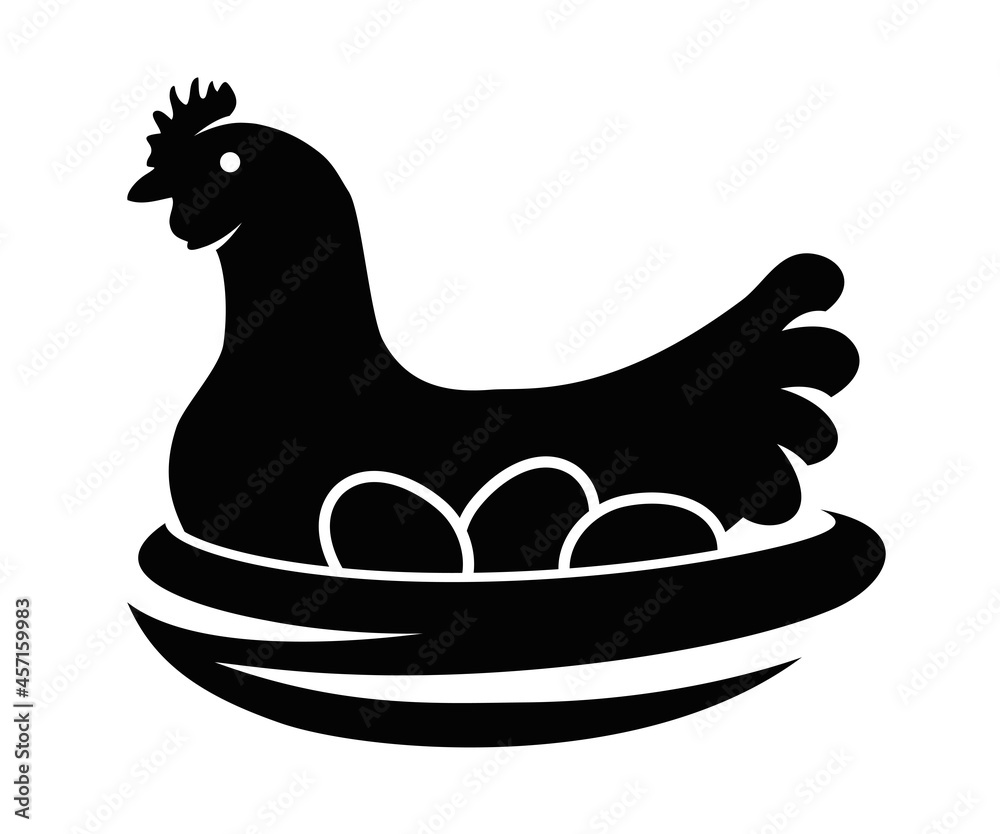 vector black and white icon of chicken in a nest with hen eggs Stock ...