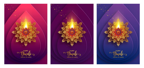 Wall Mural - Diwali, Deepavali or Dipavali the festival of lights india with gold diya patterned and crystals on paper color Background.
