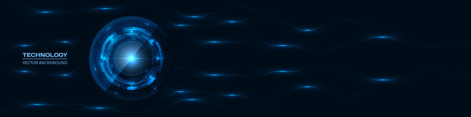 Poster - Abstract technology HUD GUI UI with glowing blue circuit lines pattern. Dark Innovation digital hi tech concept background with circuit board. Engineering electronic motherboard. Dark blue wide banner