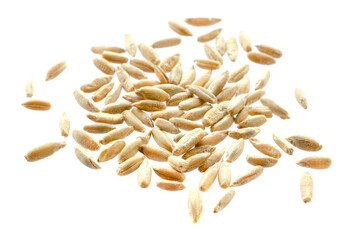 Wall Mural - Rye seeds are isolated on white, top view, macro. Rye seeds isolated on a white background, close-up. Grains of rye malt on a white background. Set of rye grains isolated on white background.