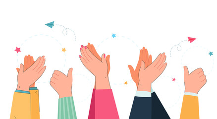 Wall Mural - Arms and hands of people clapping and showing thumbs up. Applause, men and women celebrating win flat vector illustration. Appreciation, respect, celebration concept for banner or landing page