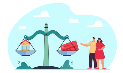 Married couple standing next to scales with house and card. Husband and wife thinking of buying real estate flat vector illustration. Finances, investment, mortgage concept for banner, website design