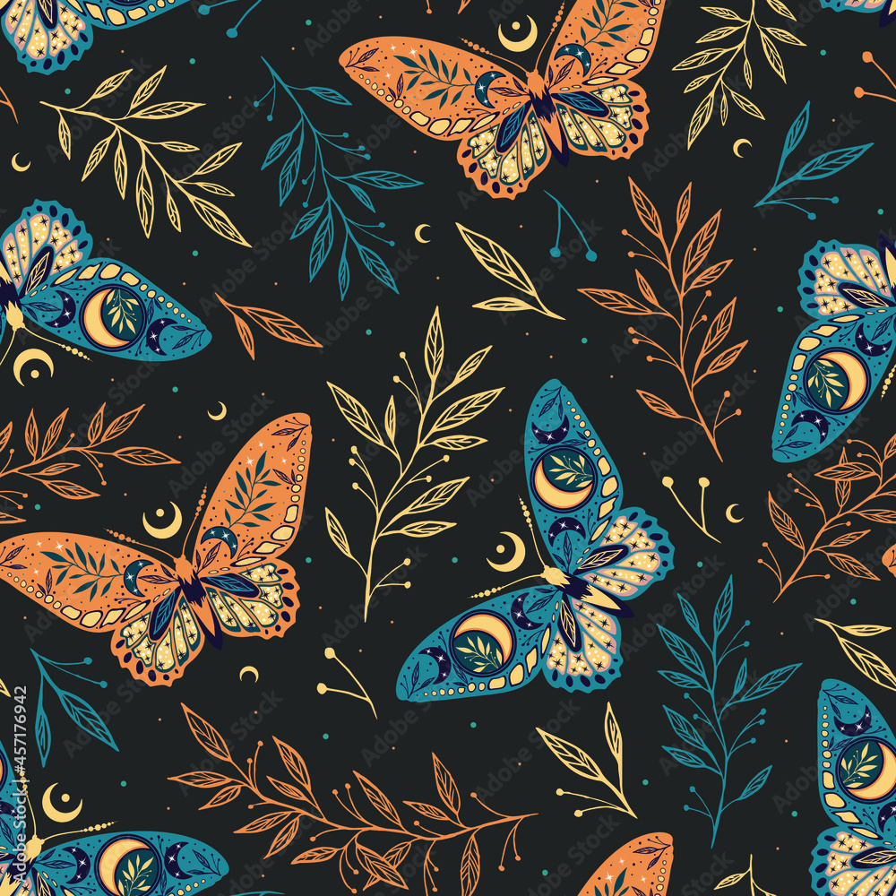 Elegant celestial seamless pattern with herbs. Boho magic background ...