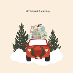 Wall Mural - Christmas red car with gifts boxes and fir trees. Winter holiday new year season card. Vector illustration in hand drawn cartoon flat style