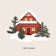 Wall Mural - Christmas snowy house outside interior with winter landscape and fir trees. Vector illustration in hand drawn cartoon flat style