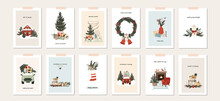 Set Of Christmas New Year Winter Holiday Greeting Cards With Xmas Decoration. Vector Illustration Posters In Hand Drawn Cartoon Flat Style