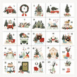 Christmas Advent calendar with hand drawn elements houses, cars, food, Christmas tree. Printable advent calendar winter holiday posters, cards, tags. Vector illustration in cartoon flat style