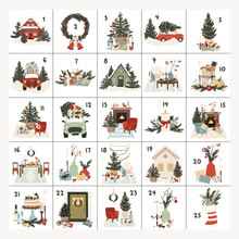 Christmas Advent Calendar With Hand Drawn Elements Houses, Cars, Food, Christmas Tree. Printable Advent Calendar Winter Holiday Posters, Cards, Tags. Vector Illustration In Cartoon Flat Style