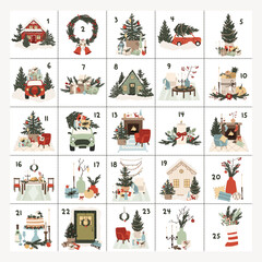 Wall Mural - Christmas Advent calendar with hand drawn elements houses, cars, food, Christmas tree. Printable advent calendar winter holiday posters, cards, tags. Vector illustration in cartoon flat style