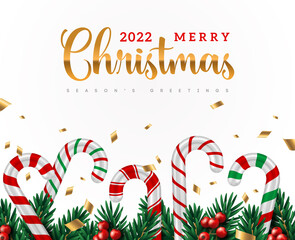 Wall Mural - Merry Christmas and New Year poster or banner with candy cane stick set, fir tree branches border and gold confetti. Vector illustration. Brochure voucher cover and Xmas gift card concept template