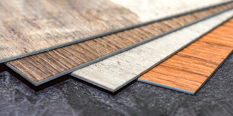 PVC vinyl floor. Samples of vinyl flooring. Collection of vinyl tiles. DIY home items