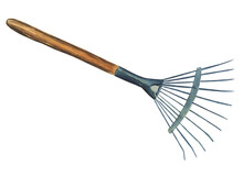 Garden Hand Rake Isolated On White Background. Blue And Brown Tool. Watercolor Hand Drawing Illustration.