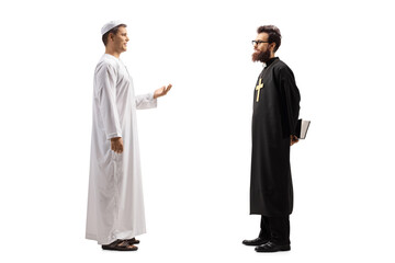 Poster - Full length profile shot of a man in ethnic clothes talking to a priest