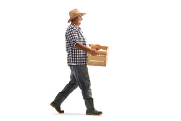 Wall Mural - Full length profile shot of a mature farmer carrying a crate and walking