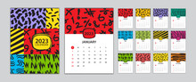 Desk Calendar 2023 Template Set, Calendar Design Memphis Style, Wall Calendar 2023 Design, Poster, Memphis Cover Design, Set Of 12 Months, Week Start Sunday, Advertisement, Vector Illustration