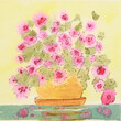 An original watercolor of pink flowers, an orange pot and a yellow background in a square format.  Illustration by Robbin Siembieda.