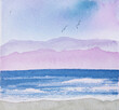 A pastel seascape watercolor painting by Robbin Siembieda.  Lovely beach, ocean, purple mountains watercolor painting in simple pastel colors.