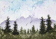 A horizontal landscape scene in handpainted watercolor with pine trees, purple mountains and a abstract sky with birds.