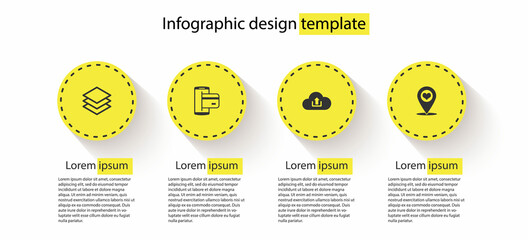 Sticker - Set Layers, NFC Payment, Cloud upload and Map pointer with heart. Business infographic template. Vector