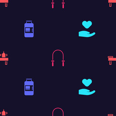 Sticker - Set Heart in hand, Collagen serum, Jump rope and Massage table with oil on seamless pattern. Vector