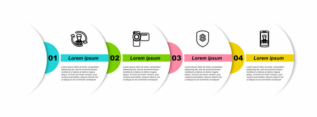 Poster - Set line Human resources, Cinema camera, Shield and dollar and Smartphone with contact. Business infographic template. Vector