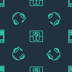 Poster - Set line Mystery or random box, Headphones and Create account screen on seamless pattern. Vector