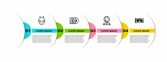 Poster - Set line Alien, CD or DVD disk in box, Computer network and Video graphic card. Business infographic template. Vector