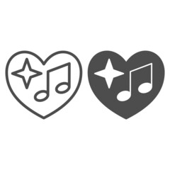 Poster - heart with note and shiny star inside line and solid icon, sound design concept, love for music vect