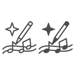 Poster - musical notes on stave, pencil and star line and solid icon, music concept, writing notes vector sig