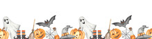 Watercolor Seamless Halloween Border With Pumpkins, Shoes, Witch Hat, Spider, Broom, Potion, Ghost