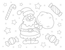 Christmas Coloring Page For Kids, Cute Santa Claus Holding A Bag With Gifts, Candies, And Stars. Black And White Illustration That You Can Print On Standard 8.5x11 Inch Paper