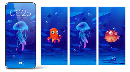Poster - Smartphone lock screens with underwater animals, cartoon onboard pages for mobile phone. Digital wallpaper for device with cute puffer fish, jellyfish and octopus, user interface design collection