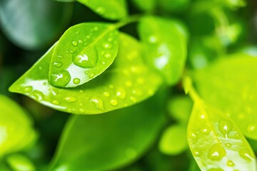 Macro closeup of Beautiful fresh green leaf with drop of water after the rain in morning sunlight nature background.