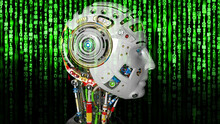 Detailed appearance of the white AI robot in shadow under matrix code background with the green digital symbols. Dangerous criminal concept image. 3D CG. 3D illustration. 3D high quality rendering.