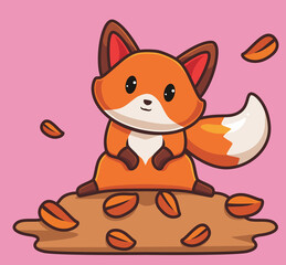 cute red fox playing leaves. cartoon animal autumn season concept Isolated illustration. Flat Style suitable for Sticker Icon Design Premium Logo vector. Mascot character