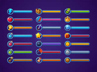 Poster - Game progress bars vector set, ui cartoon interface design elements, power, life or health, magic spell, money and time with gifts assets. Status and resources scales isolated 3d illustration, icons