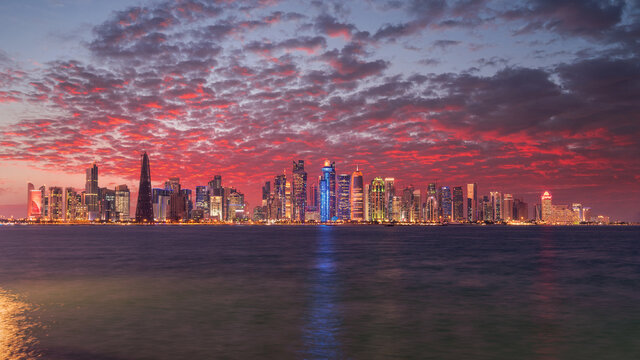 Wall Mural - A panoramic view of Doha skyline during sunset, Qatar
