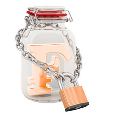 Poster - Franc symbol inside glass jar with chain and padlock. Financial insurance concept. 3D rendering