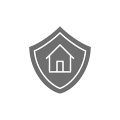 Sticker - Home protection, shield with house, property insurance grey icon.