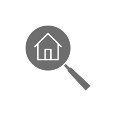 Sticker - Magnifying glass with house, apartment search line icon.