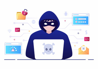Hacker Using Computer Server to Activity Hacked Database, Network Storage, Social Account, Credit Card or Security. Background Vector Illustration