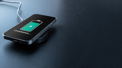 Phone charge. Mobile cell phone charge battery from wireless smart charger. Modern technology, portable fast charger.