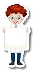 Wall Mural - Cartoon character sticker with a boy in science gown holding empty banner